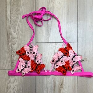 Pink Butterfly Embroidered Bikini Top